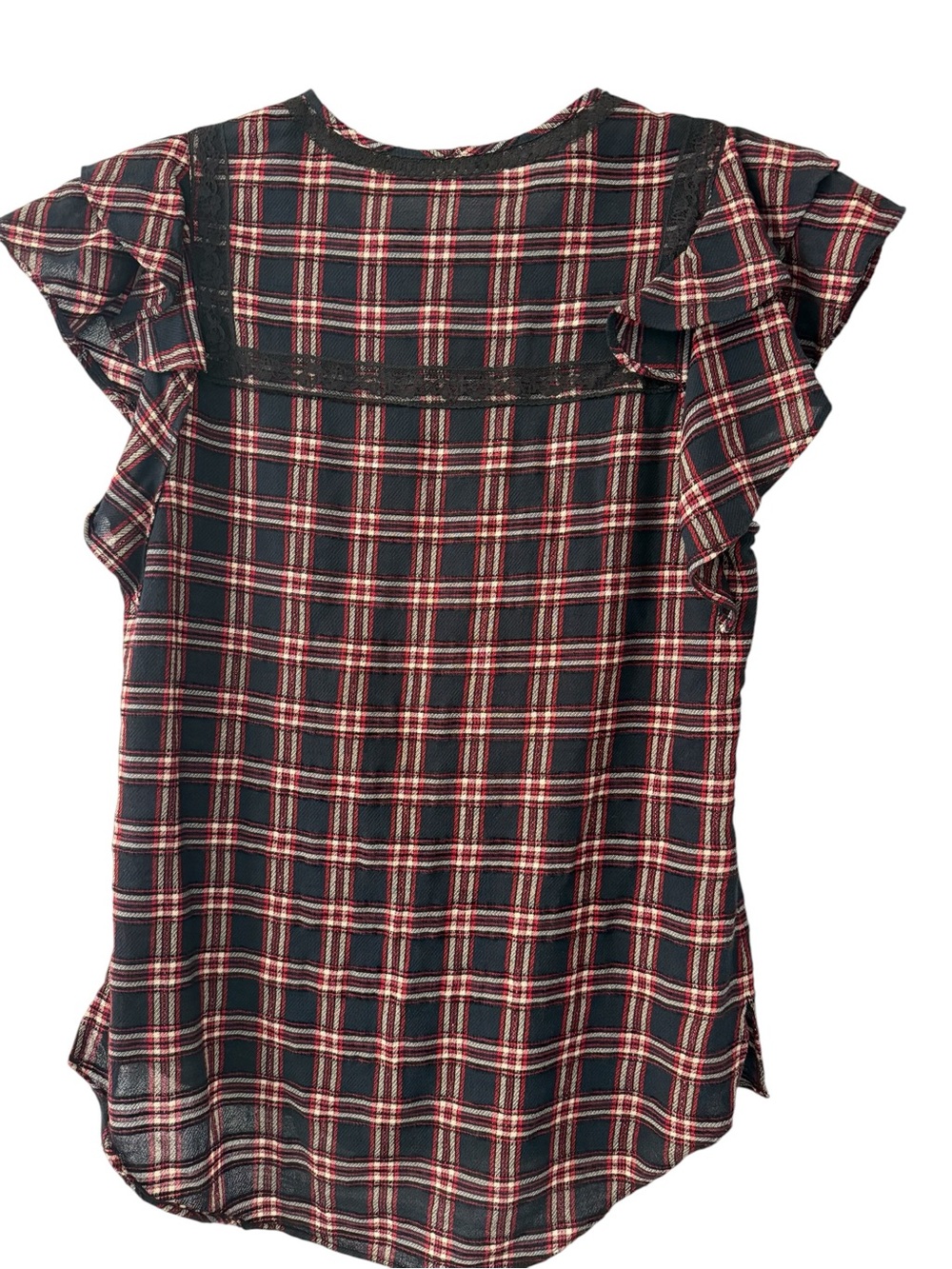 Veronica Beard Plaid Ruffle Lace Trim Blouse | Size 4 - Picture 2 of 3